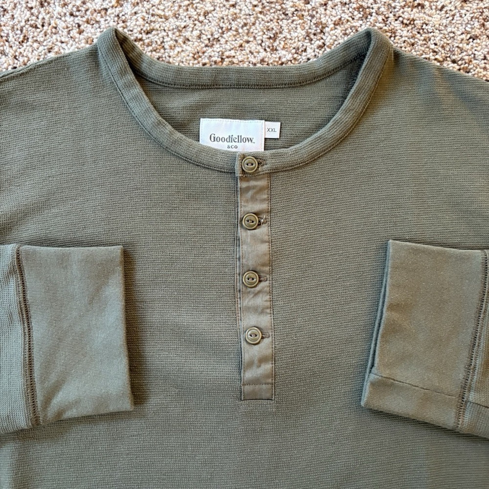 Goodfellow & Co XXL Olive Waffle Knit Henley Long Sleeve Thermal Shirt Layer EUC - Picture 3 of 12